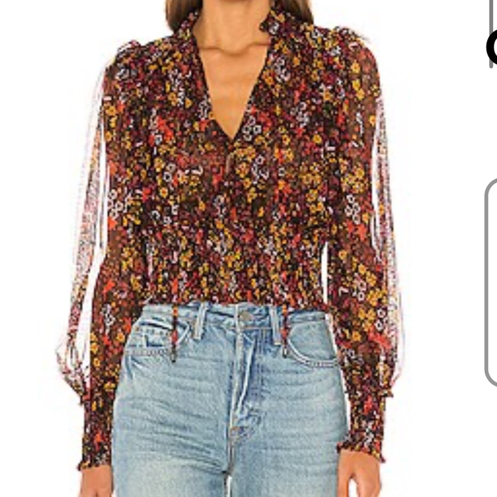 Free people Twyla sheer mesh floral cropped split neck top